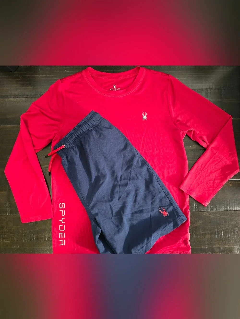 Boys Spyder Kids Red Long Sleeve Top with Navy Swim Shorts